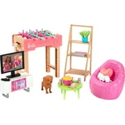 Barbie World Game Room Set with 19 Dollhouse Accessories Including Furniture, Foosball Table & Pets