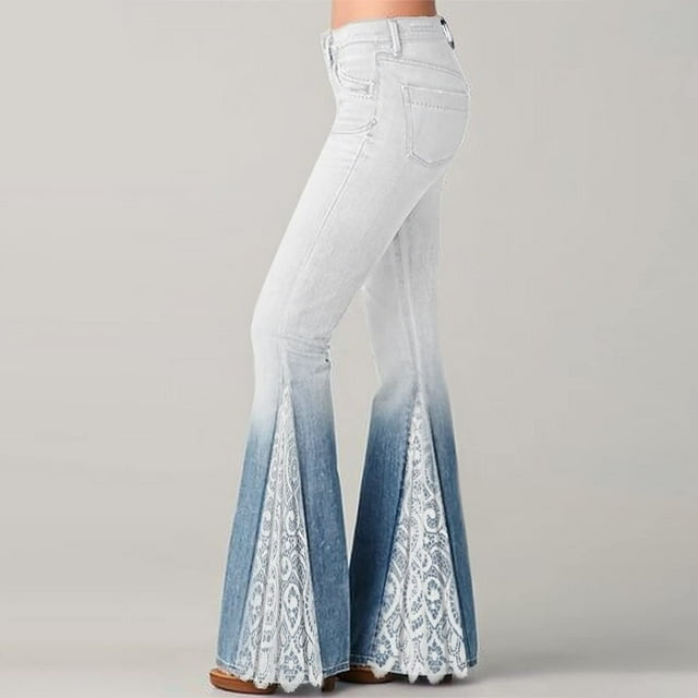 Leodye Women Fashion Gradient Flared Pants with Lace Stitching and Ruffle Edges Imitation Denim Fabric Pants Blue 8(L)