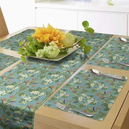 

Forest Table Runner & Placemats Hibiscus and Bird of Paradise Blossoms Field Exotic Jungle Meadow Pattern Set for Dining Table Placemat 4 pcs + Runner 16 x90 Blue and Multicolor by Ambesonne