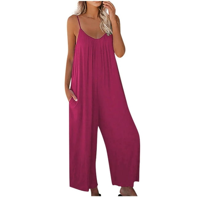Summer Jumpsuits for Women Spaghetti Straps Solid Color Wide Leg Long Pants Rompers Casual Loose Fit Beach Jumpsuits