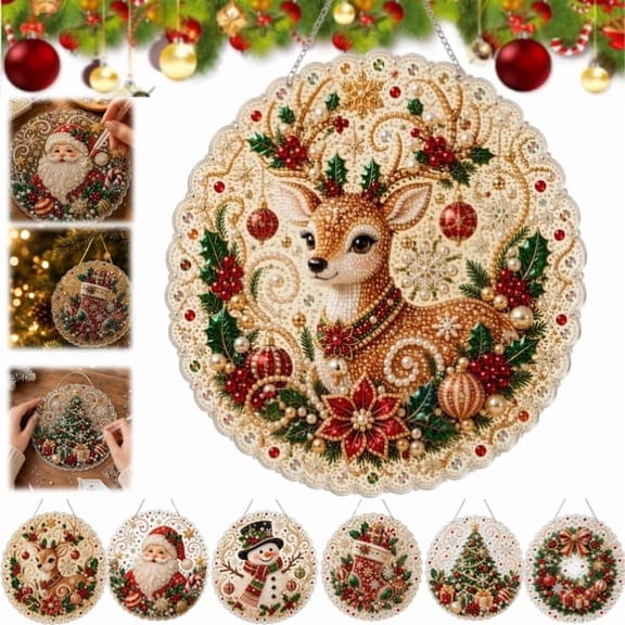 Christmas Pearl Diamond Painting Suncatcher Kit, DIY Pearl Art Kit with Acrylic Hanging Ornament, Xmas Diamond Art Craft for Adults, Holiday Window Decor(F)