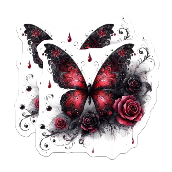 (2 Pack) Butterfly Stickers - Red Rose Stickers - Gothic Butterfly Decals- 5" On Longest Side - Sticks to Smooth Flat Surfaces - Made in USA - BMCS16011