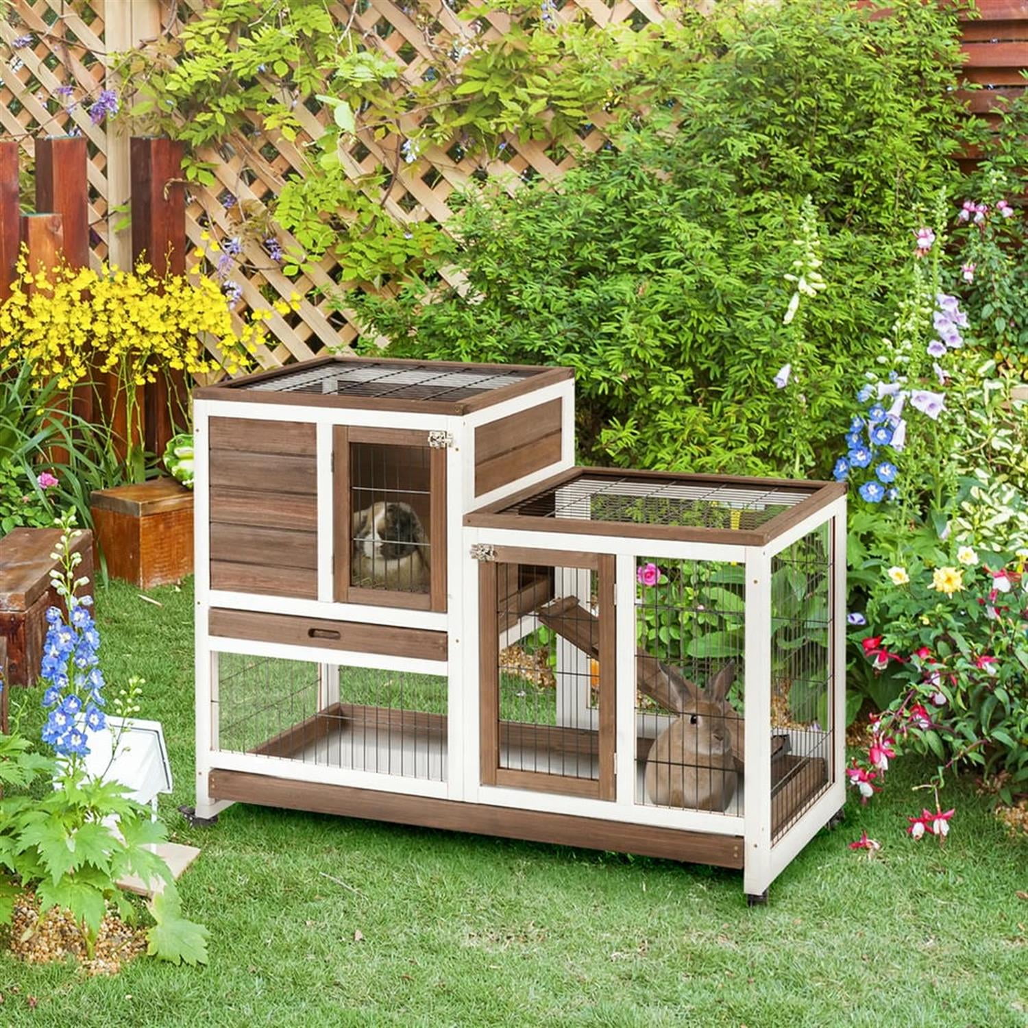 Kadyn 43" 2-tier Wooden Rabbit Hutch with Wheels and Slide-out Tray, Outdoor Small Animal Habitat Chicken Coop Bunny Cage for Bunnies, Guinea Pigs, Brown