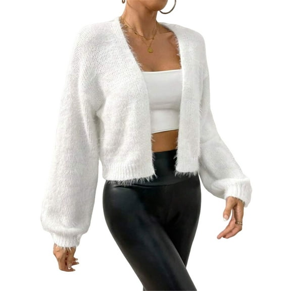 Women'S Cropped Loose Plush Long Sleeve Open Front Knitted Cardigan White S