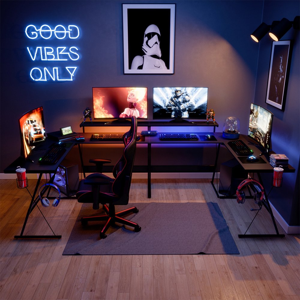 Bestier LShaped Led Gaming Computer Desk with Monitor Stand in Carbon