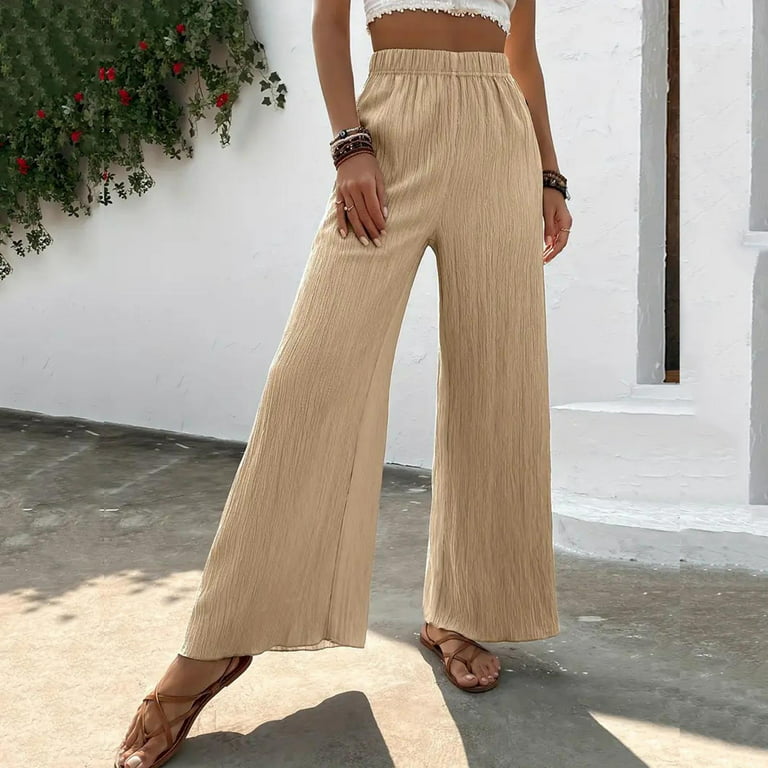 JNGSA Flowy Pants for Women Casual High Waisted Wide Leg Palazzo Pants  Trousers Solid Color Elastic Pants White 6 