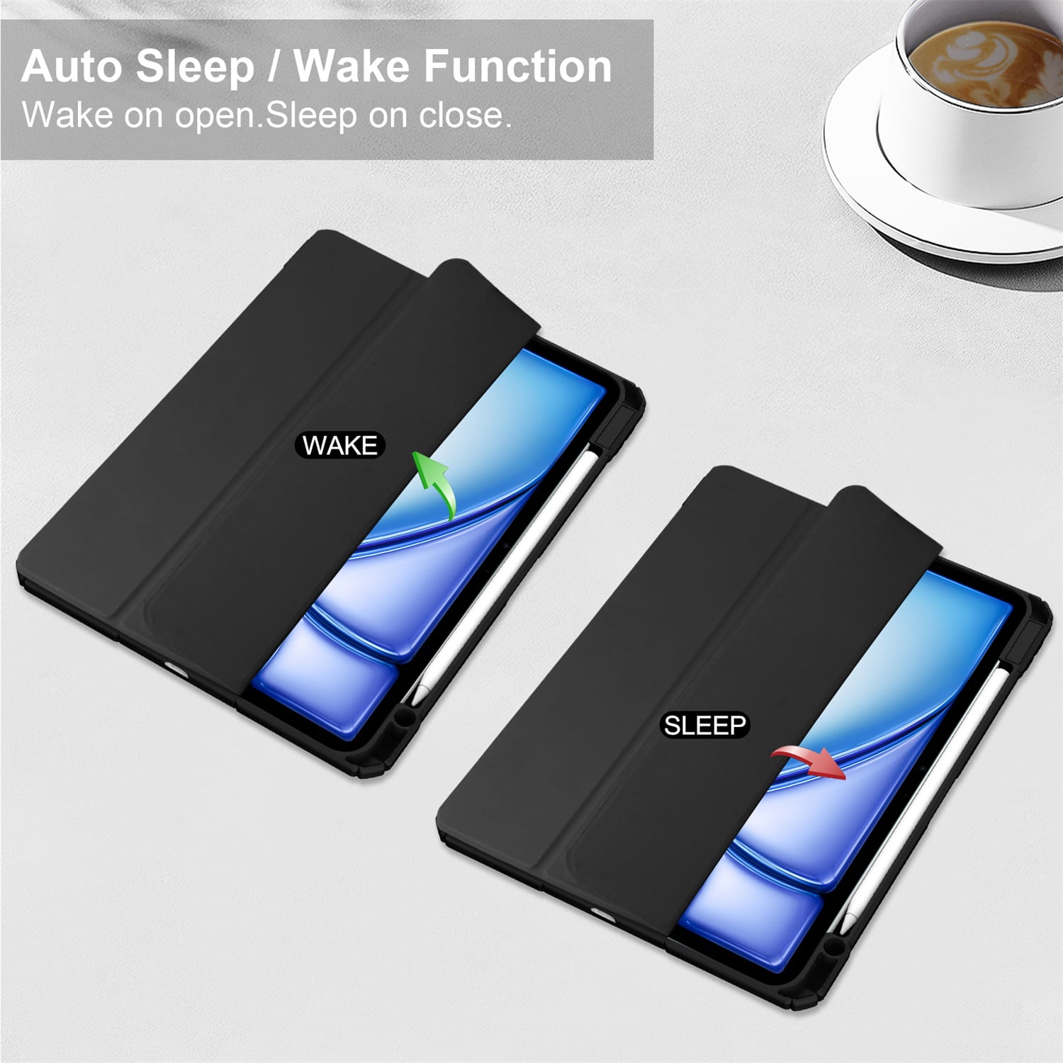 SaniMore Case for Apple iPad Air 13 (2024), Auto Sleep/Wake Shock Resistant [Built-in Pencil Holder] Flip Stand [Dual Angle] Transparent Slim Lightweight Anti-fall Tablet Shell, Black