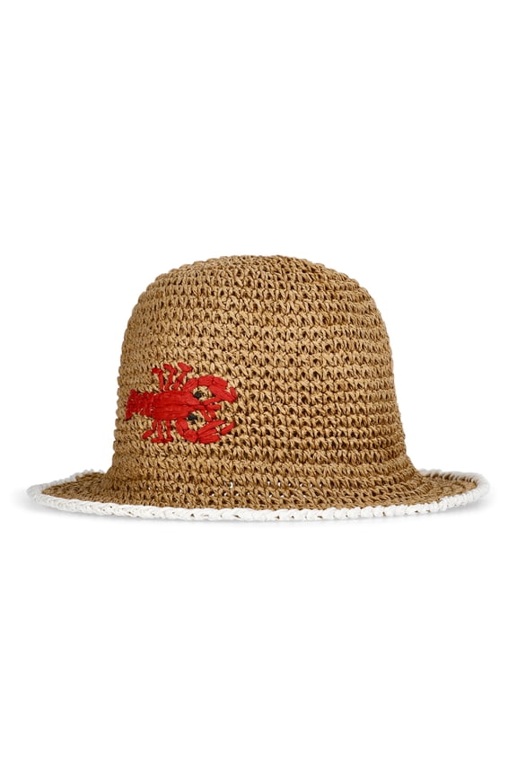 Straw Lobster Bucket Hat, Women's, Dark Natural