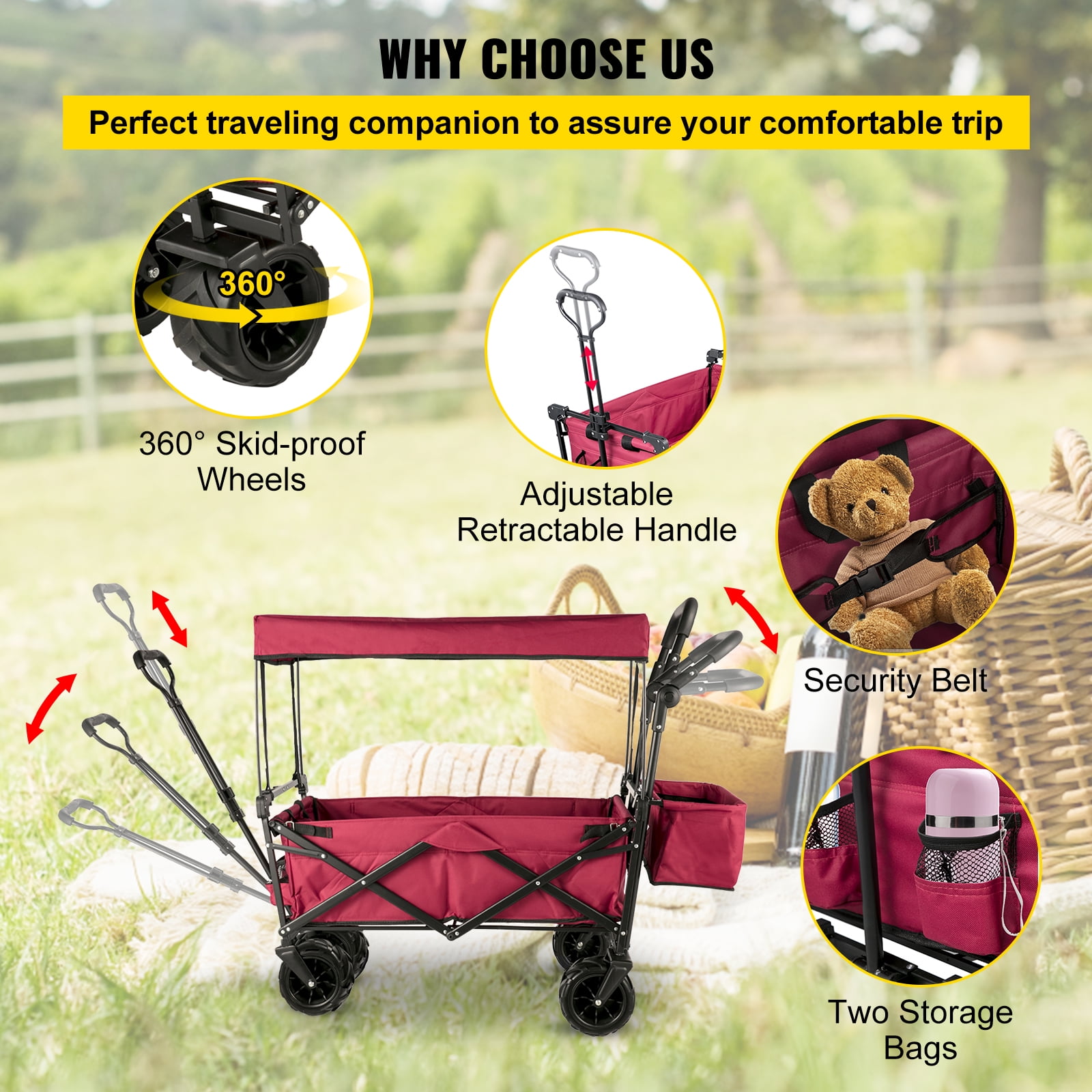 VEVOR Collapsible Wagon Cart with Removable Canopy, Foldable Utility Wagon, 600D Oxford Polyester & Steel Frame, 220.5 lbs, 39 x 21.4 x 39 in, Red