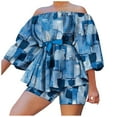 thumbnail image 2 of ICHUANYI Clearance Women Casual Printed Off Shoulder Bubble Sleeve Top Shorts Set(Blue, M) ICHUANYI WER2023081107328, 2 of 6