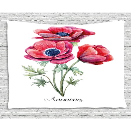 Navy Red Sage (Anemone Flower Tapestry, Watercolor Painting Style Bouquet of Anemone Vintage Garden, Wall Hanging for Bedroom Living Room Dorm Decor, 60W X 40L Inches, Sage Green Red Navy Blue, by)