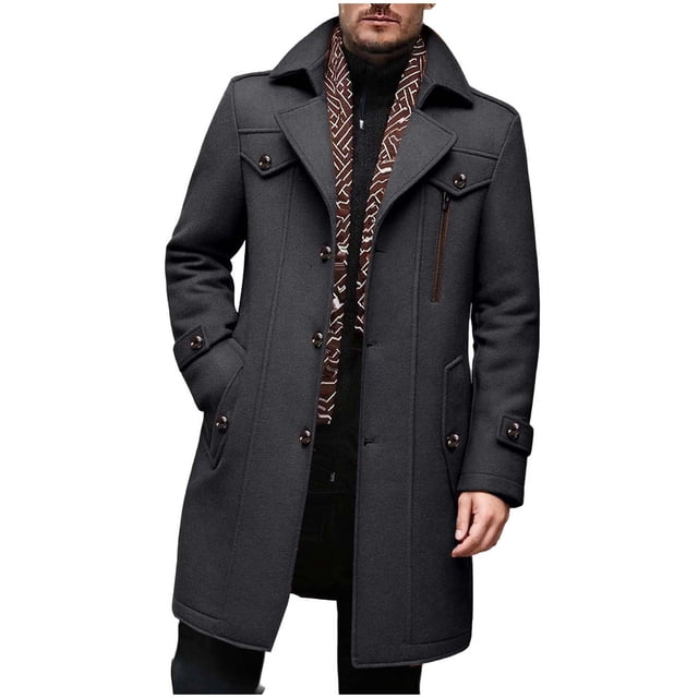 Lovzfmll Men's Wool Trench Coat Detachable Scarf Multiple Pockets Gray, L
