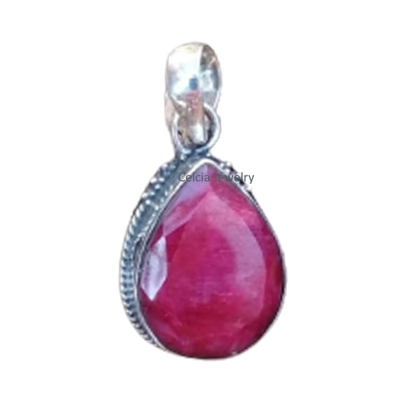 Solid 925 Sterling Silver Pendant For Women Men, Genuine Pink Ruby Faceted Pear Gemstone Amazing Handcrafted July Birthstone Jewelry