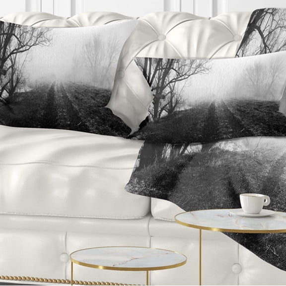 Designart Black and White Misty Landscape Panorama - Landscape Printed Throw Pillow - 12x20