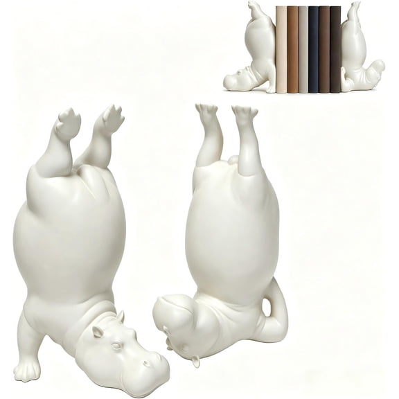Acrobatic Hippo Bookends, Heavy Resin Book Ends for Shelves, 10in Tall Sturdy Book Stopper for Heavy Books, Farmhouse Bookshelf Decor Modern(Q)