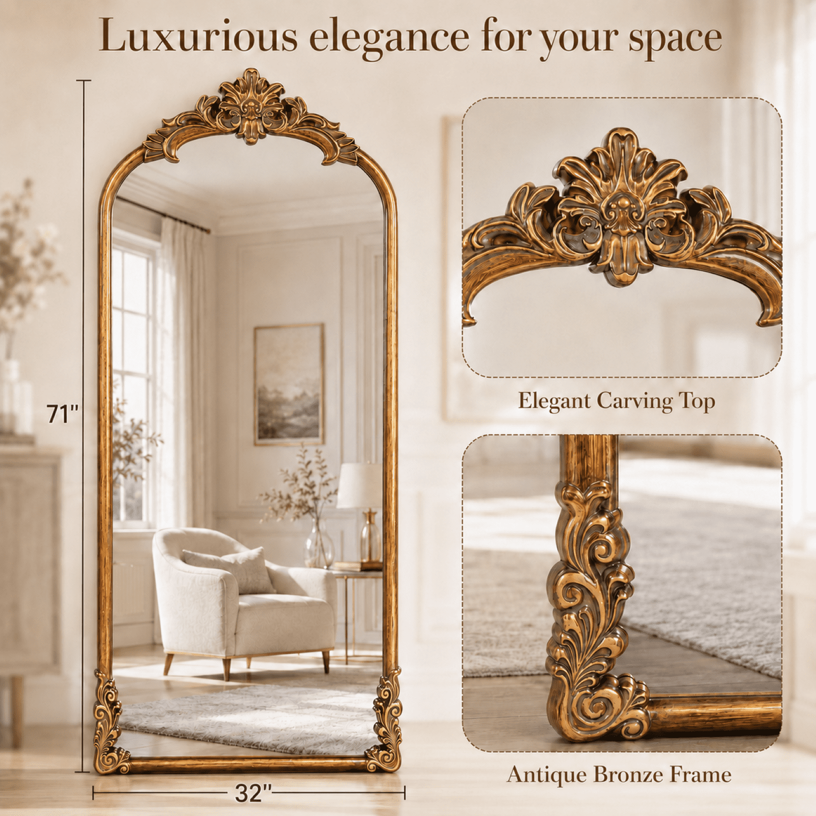 VORENTA 71"x32" Vintage Floor Mirror Arched Full Length Mirror Baroque Carved Wall Mounted Decor Traditional Ornate Mirror with Stand, Antique Bronze