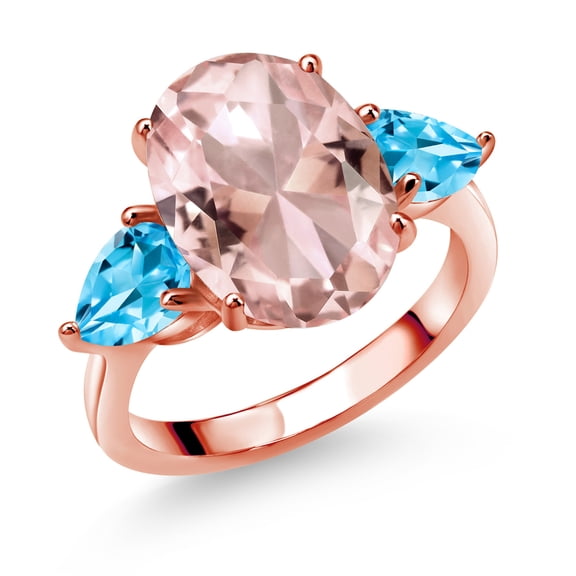 Gem Stone King 18K Rose Gold Plated Silver Peach Nano Morganite and Swiss Blue Topaz Ring for Women (10.74 Cttw, 14X10MM Oval and 7X5MM Pear Shape, Gemstone October Birthstone, Size 9)