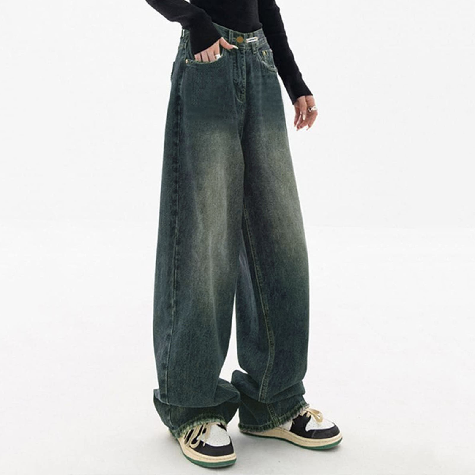 Jean Baggy Femme Taille Haute - Coupe Straight Stretch - Denim Vintage Décontracté