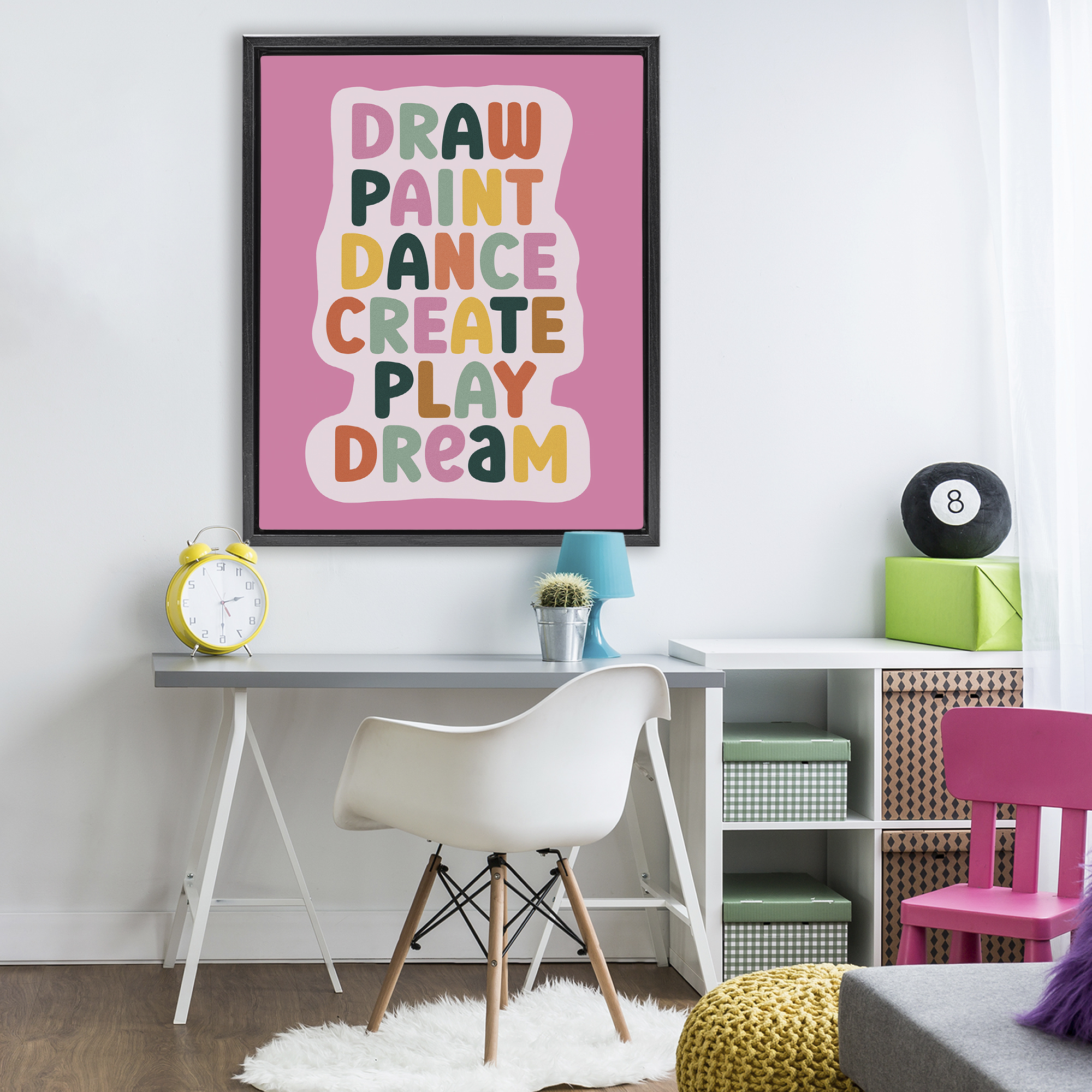 Draw Paint Dance Create Black Framed Floater Canvas Wall Art, design by Julia Frost