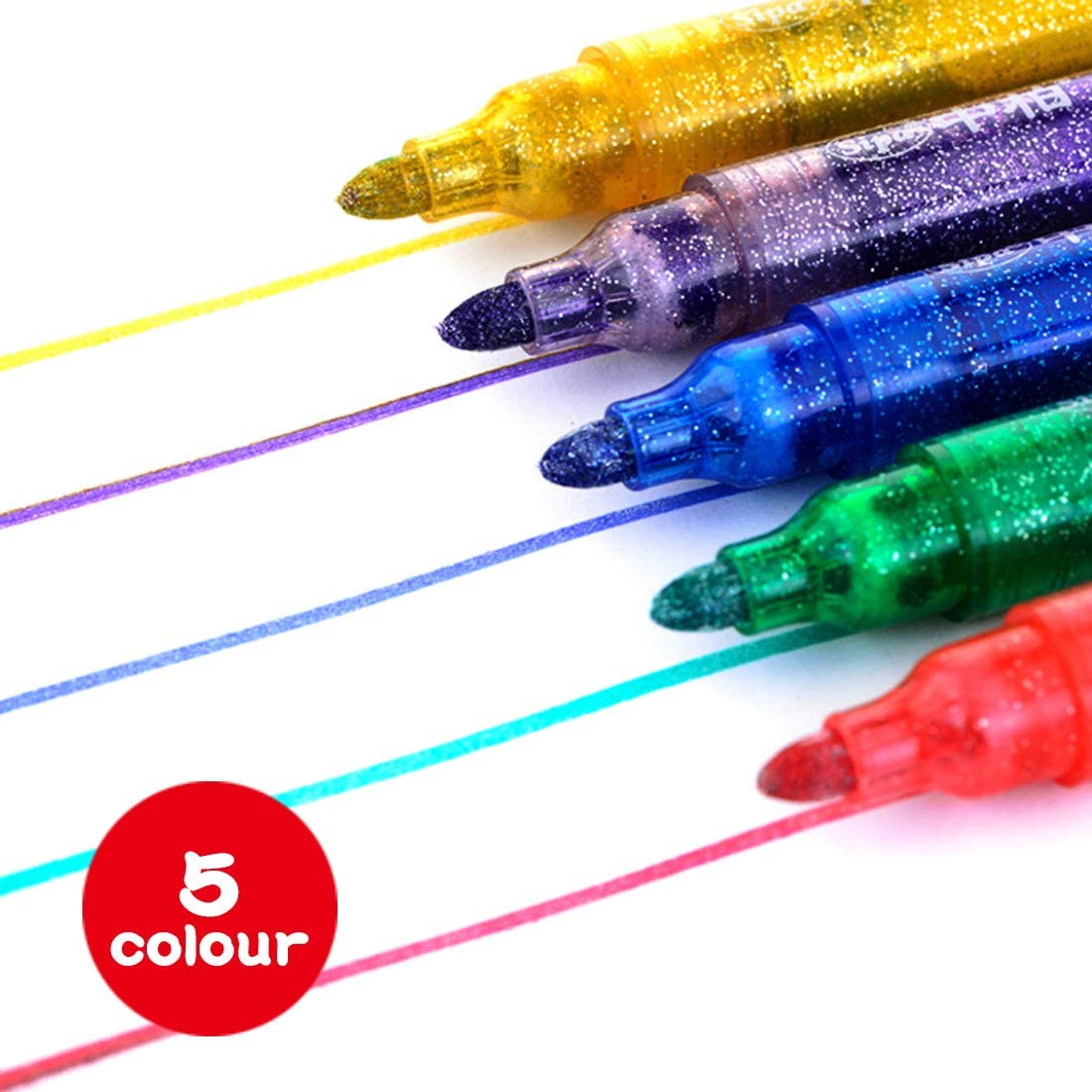 Glitter Paint Markers,KXF 5 Sparkly Glitter Pens Medium Round Tip Graphic Drawing Pen Coloring