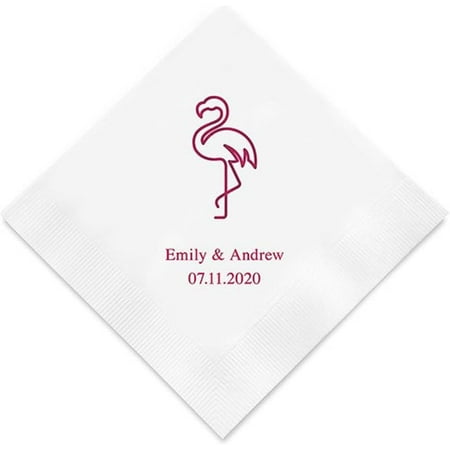 50pcs Personalized Wedding Flamingo napkins，Custom name Tropical Beach Themed Cocktail Napkins，Paper wedding napkin for reception disposable 5"x5"