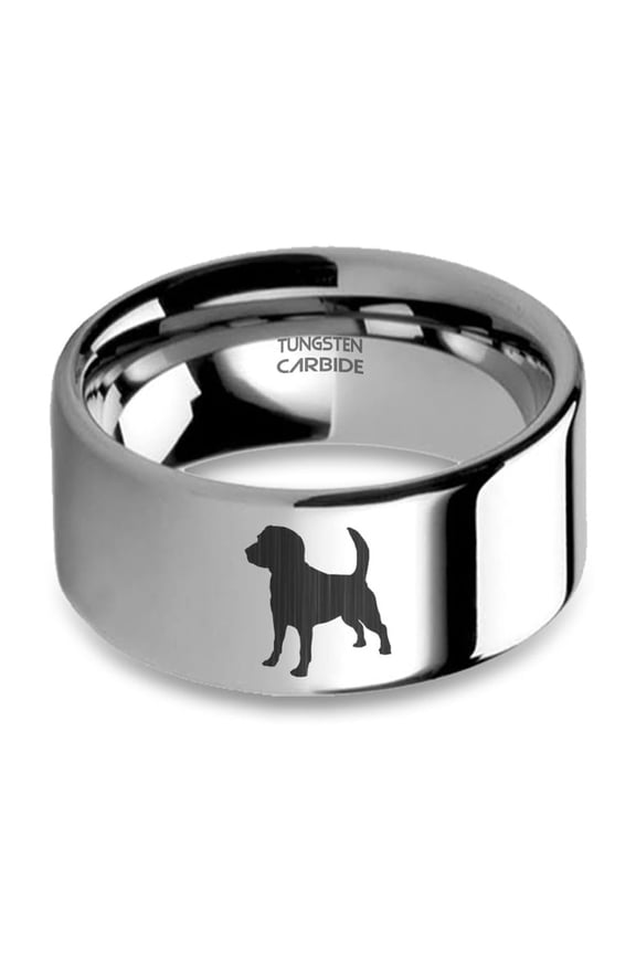 Beagle Dog Pet Lovers Laser Engraved Silver Tungsten Carbide Ring, 10mm, Size 10