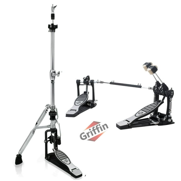 Griffin Deluxe 2-Pack Drum Hardware Kit - Double Kick Drum Bass Pedal & 2-Legged Premium Hi-Hat Stand Quad Sided Beater Head Dual Chain Drive System Impressive Response for Metal & Rock Drummers