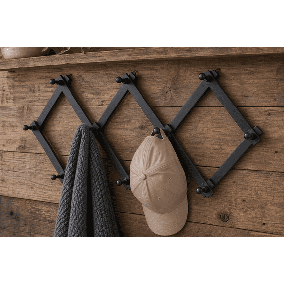 Black 10 Hooks Solid Wood Expandable Wall Coat & Hat Rack
