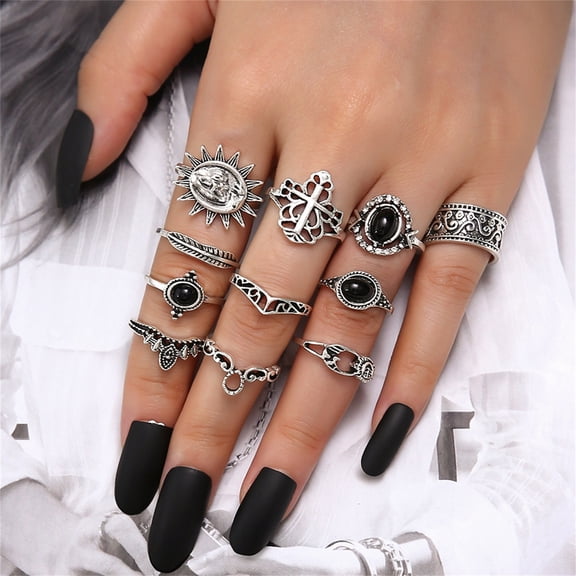 PONPRNGY Vintage Alloy Silver Knuckle Rings Set for Women Men, Grunge Gothic Rings Chunky Aesthetic Stackable Adjustable Punk Finger Ring Pack