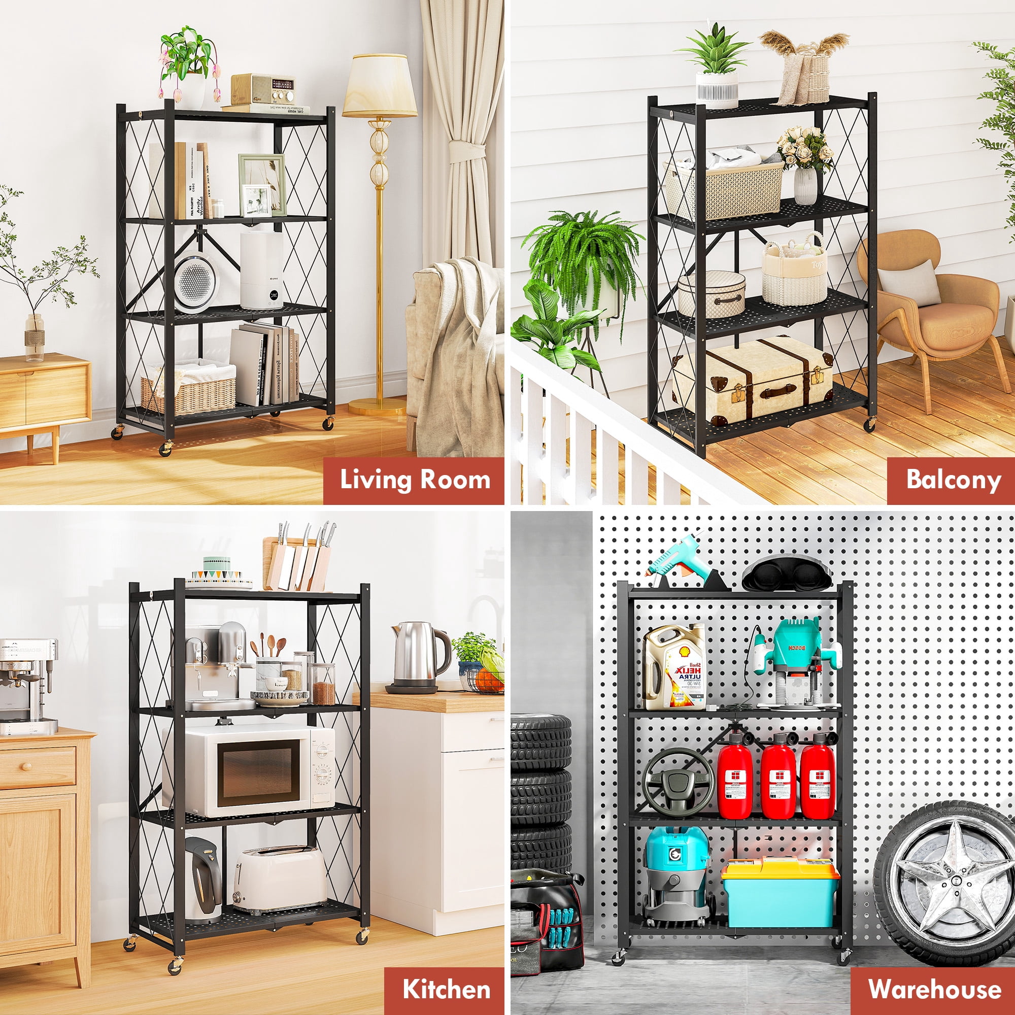 Furnibear 4-Tier Folding Storage Shelves with Wheels, Foldable Metal Rack, Collapsible Shelves for Garage, Kitchen, Basement, Black