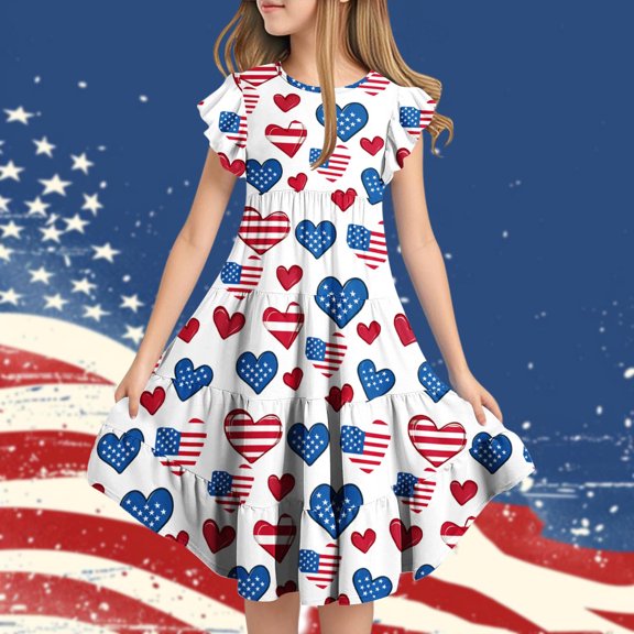 Amidoa Girls Summer Dresses 4th of July A-Line Short Sleeve Ruffled Dresses Floral Print Casual With Pockets Kids Sundress White Size 8