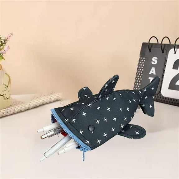 LOVIVER Funny Shark Shape Zipper Pencil Case 10.2x5.1inch Accessories Large Capacity for Stationery makeup Multipurpose Star Pattern