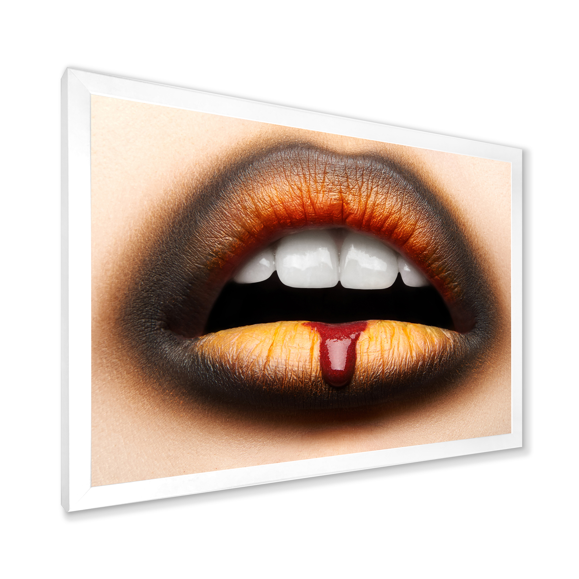 Designart 'Woman Lips With Black & Orange Lipstick' Modern Framed Art Print