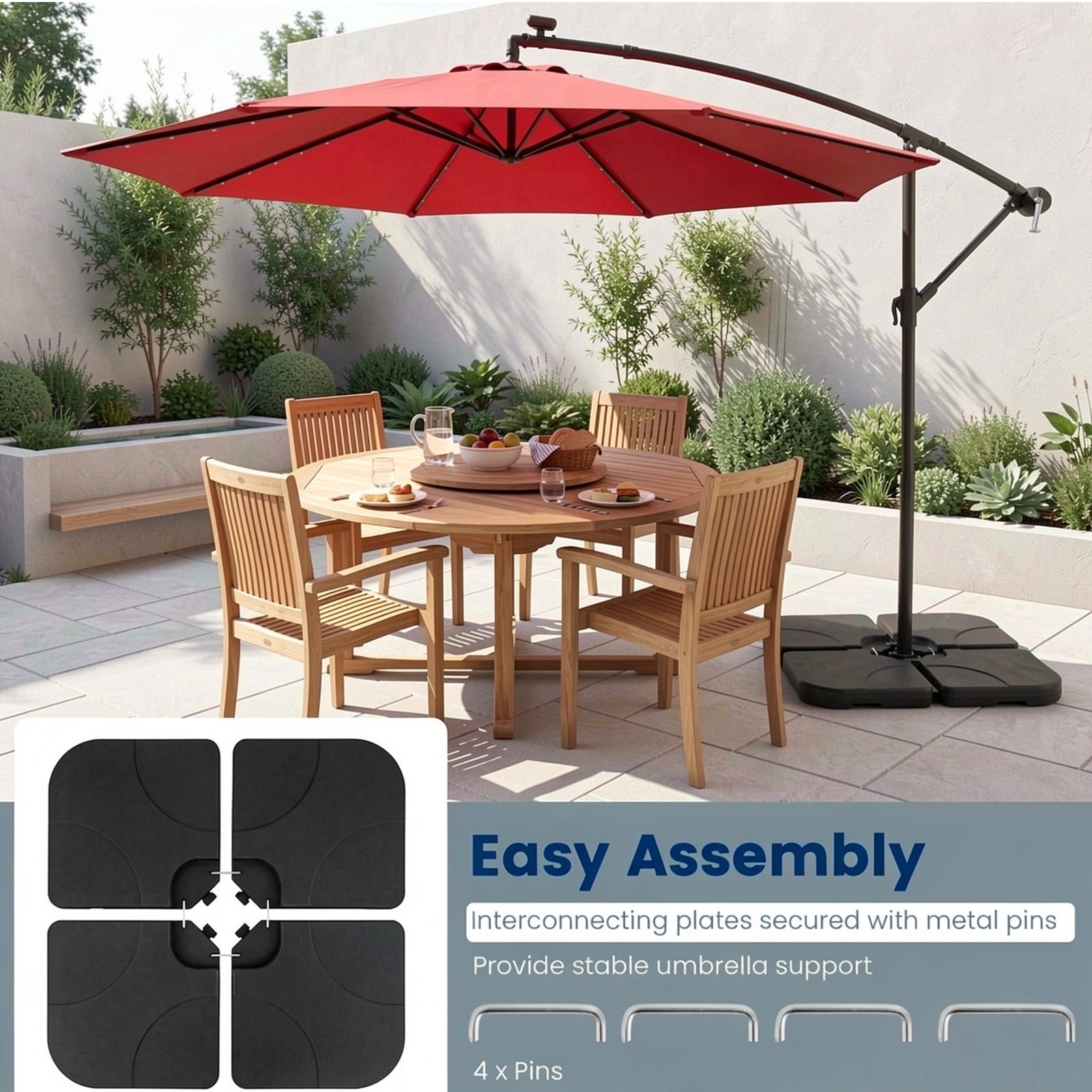 Biotree 4-Piece Offset Umbrella Base 164 lbs Capacity Heavy-Duty Square HDPE Fillable Plates with U-Locking Pins - Black