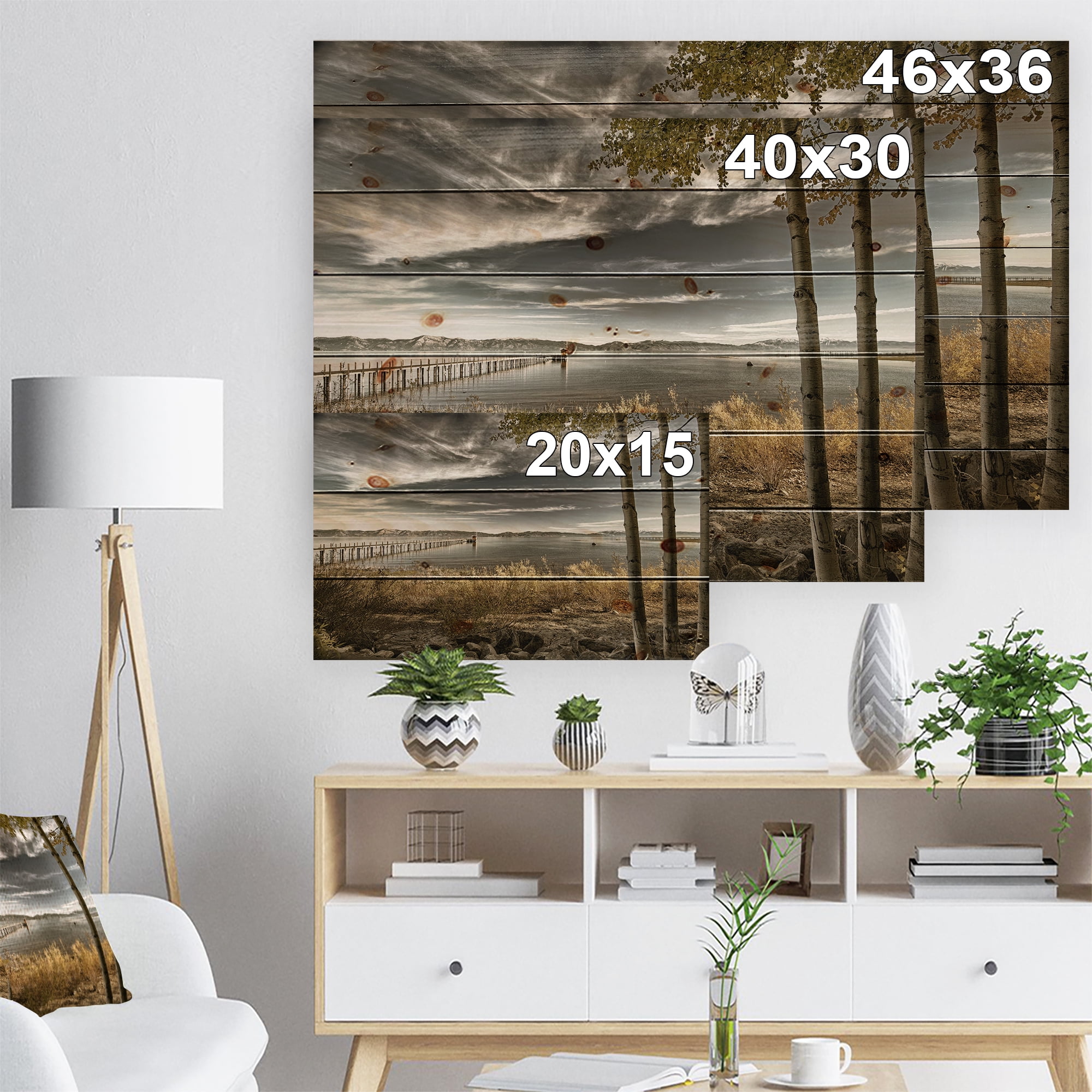 Designart 'Pier in Brown Lake' Landscape Photo Print on Natural Pine Wood
