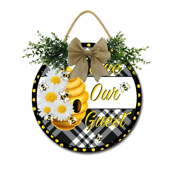 Front Door Porch Decorations Bee Our Guest Door Hanging Sign 12 inch Wooden Wall Sign, Rustic Holiday Wreath Decor for Front Door Porch Home Window Wall Farmhouse Decorations