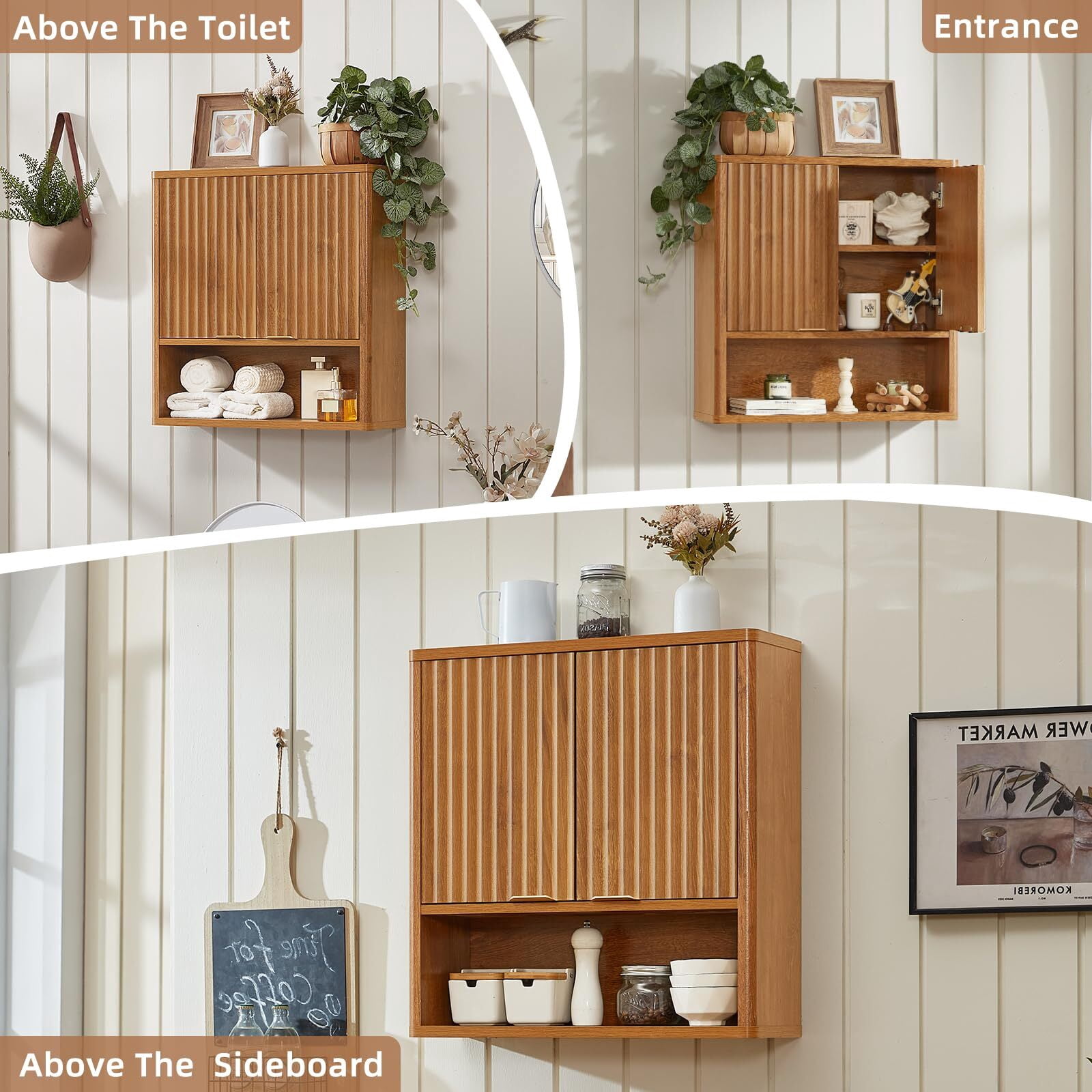 LELELINKY Rattan Wood Bathroom Wall Cabinet with Adjustable Shelf, Boho Medicine Cabinet for Over-Toilet Storage, Laundry Room, Tea Color