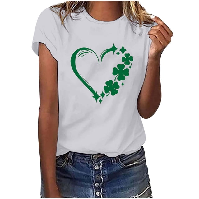 QIPOPIQ T-Shirts à Manches Courtes Col Rond pour Femmes T-Shirts St. Patrick's Day T-Shirts Trèfle T-Shirt Vert Imprimé Cœur Tunique Hauts T-Shirts Filles Cadeau Vacances T-Shirts Graphiques Offres