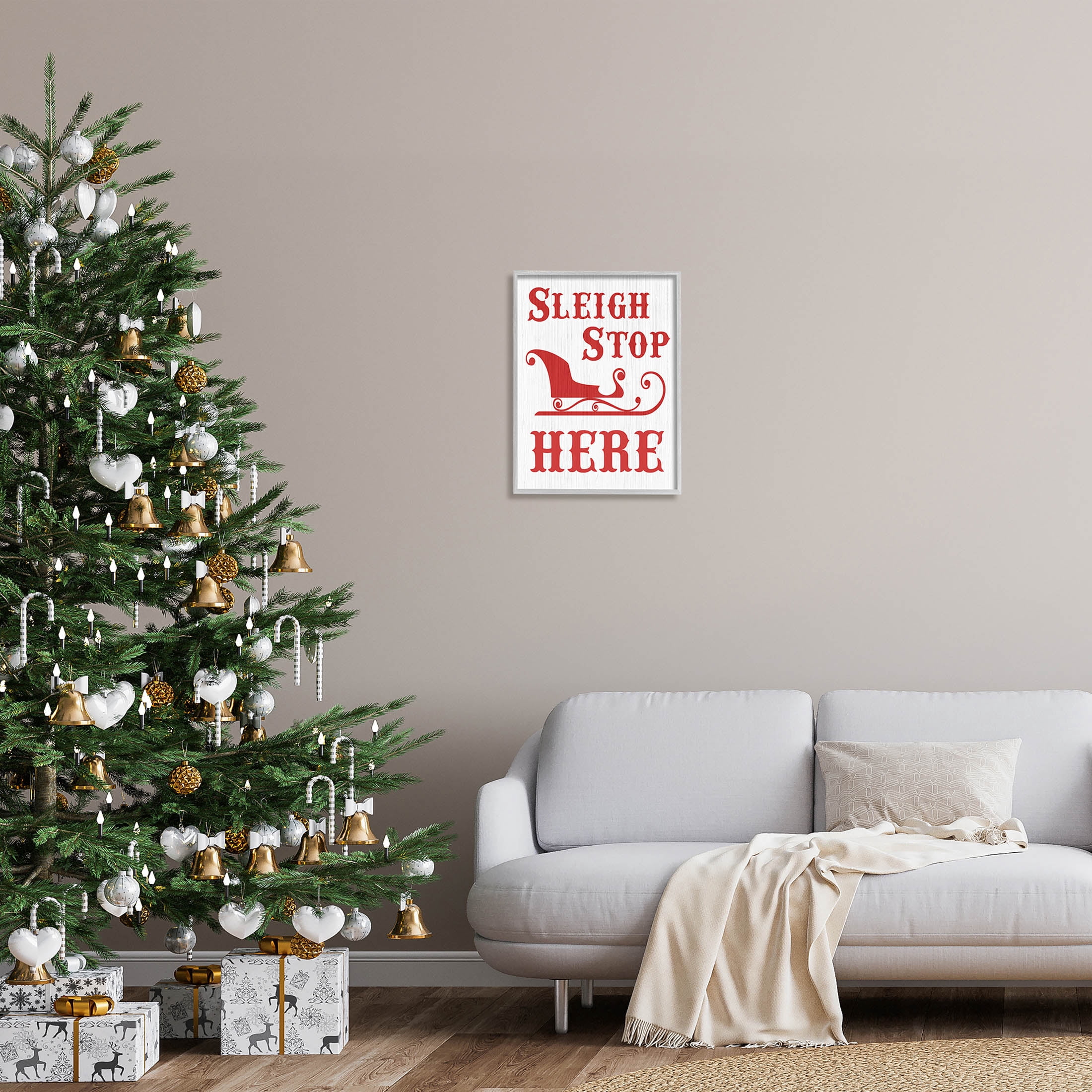 Sleigh Stop Here Christmas Landing Sign Holiday Graphic Art Gray Framed Art Print Wall Art