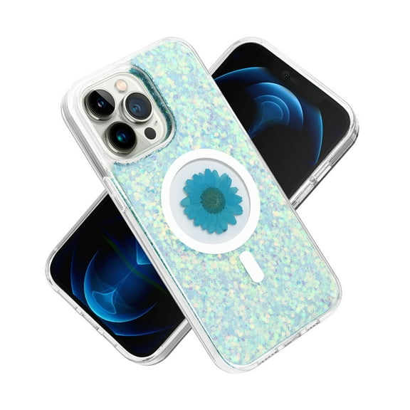 For Apple iPhone 15 (6.1") Magnetic Circle MagSafe Wireless Compatible Epoxy Glitter Flower Shiny Sparkle Bling Hybrid Slim TPU Cover ,Xpm Phone Case [ Blue ]