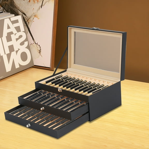 Toolven Premium Pen Display Box with 36 Slots, 3-Tier Design, Velvet Lining, and Glass Lid – Ideal for Storing and Displaying Pens as Gifts