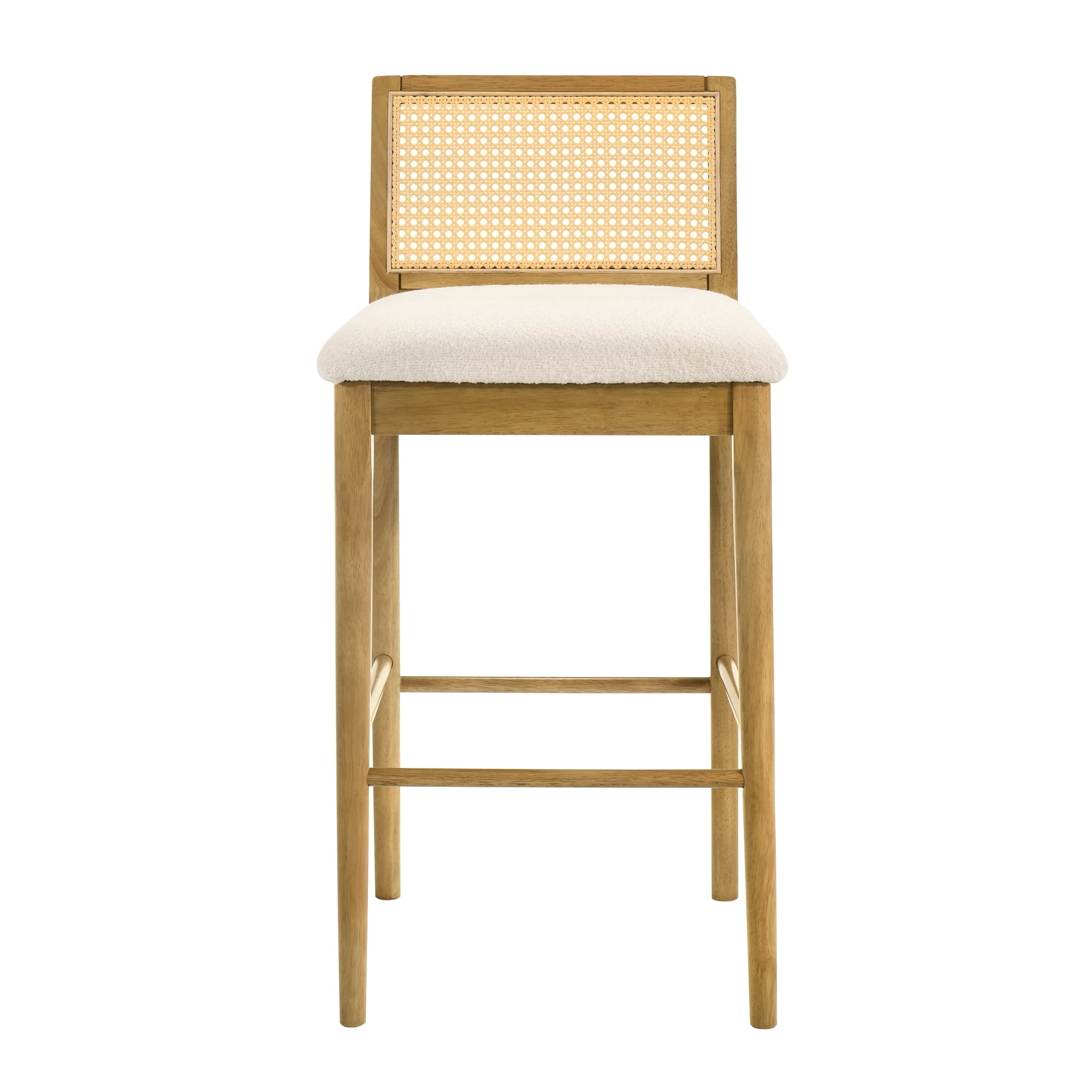 Tobias Coastal Modern Wood Bar Height Kitchen Bar Stool in Amber Glow Finish with White Boucle Fabric Upholstered Seat - Set of 3