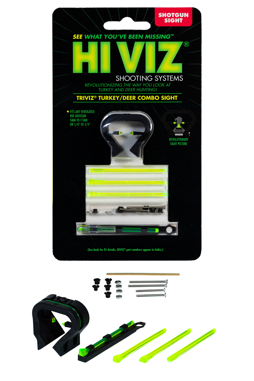 HIVIZ TriViz Front & Rear Shotgun Sight Set for turkey or deer hunting.