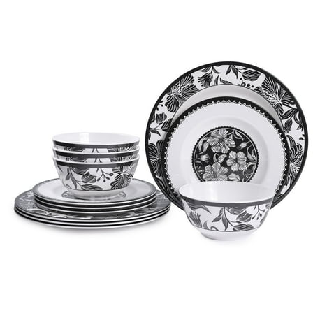 Orrhomi  12pcs Melamine Dinnerware Set, Black and White Floral Plates and Bowls, Set for 4 Dinner Plates