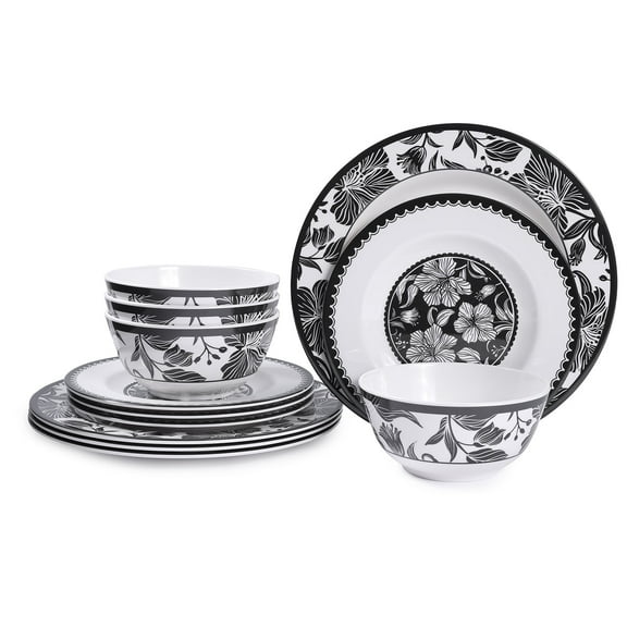 Orrhomi  12pcs Melamine Dinnerware Set, Black and White Floral Plates and Bowls, Set for 4 Dinner Plates