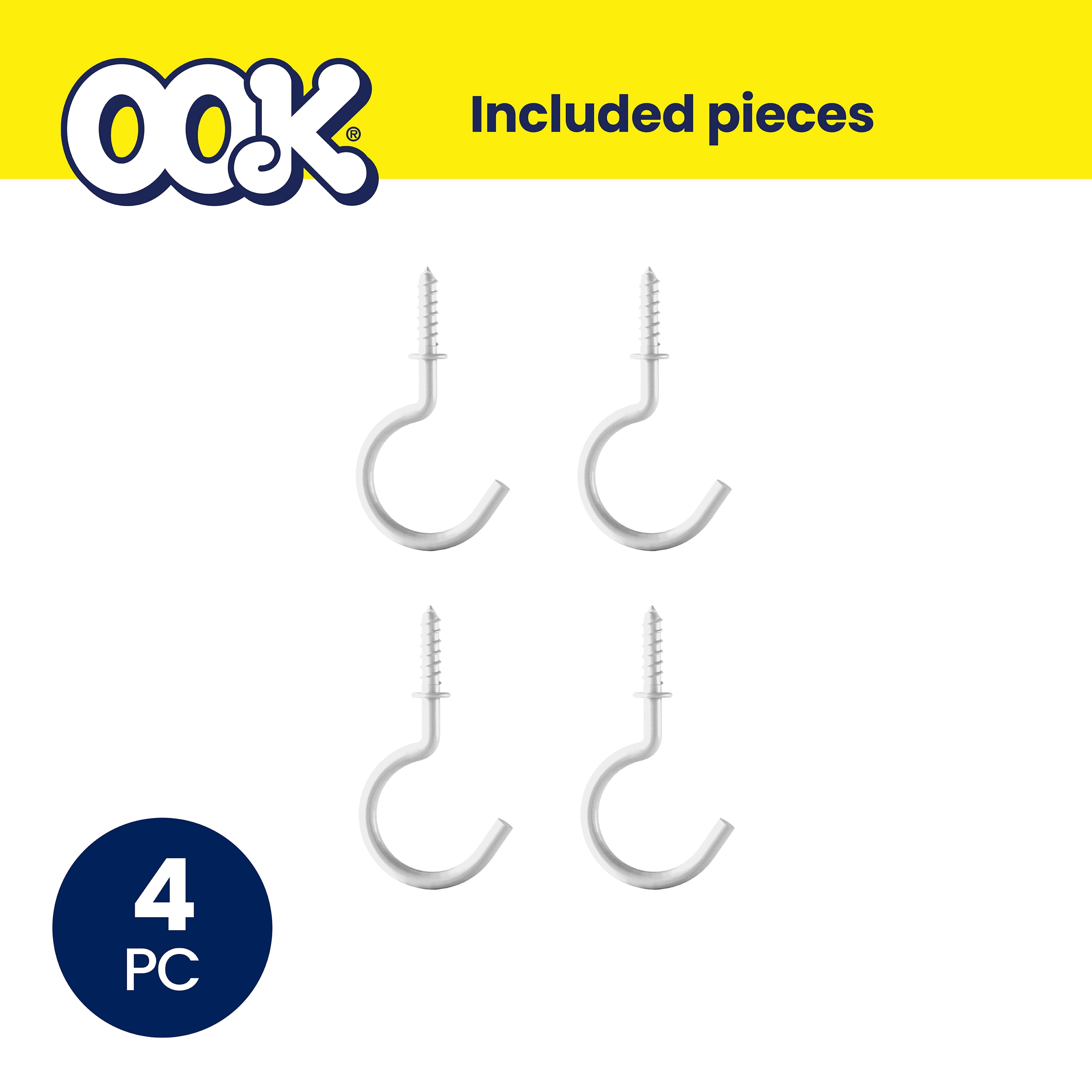 (4 pack) Ook Cup Hooks, 7/8", 0.5 lbs, Screw Hooks, Steel, White Vinyl, 4 pack