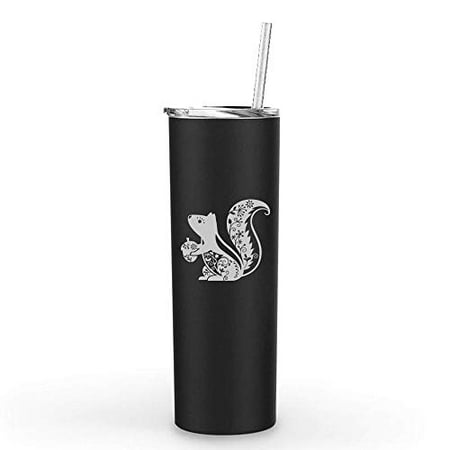 

20 oz Skinny Tall Tumbler Stainless Steel Vacuum Insulated Travel Mug With Straw Fancy Squirrel (Black)