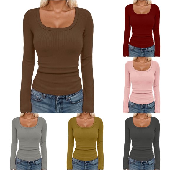 Women's Basic Ribbed Knit Square Neck Long Sleeve T Shirt Fall Fashion Casual Stretch Fit Comfortable Top for Girls and T Shirts Womens Women Compression Shirts Long Sleeve under Scrub Women Long
