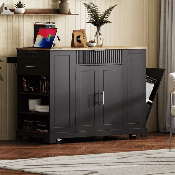DRNANLIT Fluted Kitchen Island with Trash Can Storage Cabinet, Power Outlet, Internal Storage Rack, Rolling Kitchen Islands with 3 Drawer, 3 Open Side Racks for 10 Gallon Garbage Bin,Black