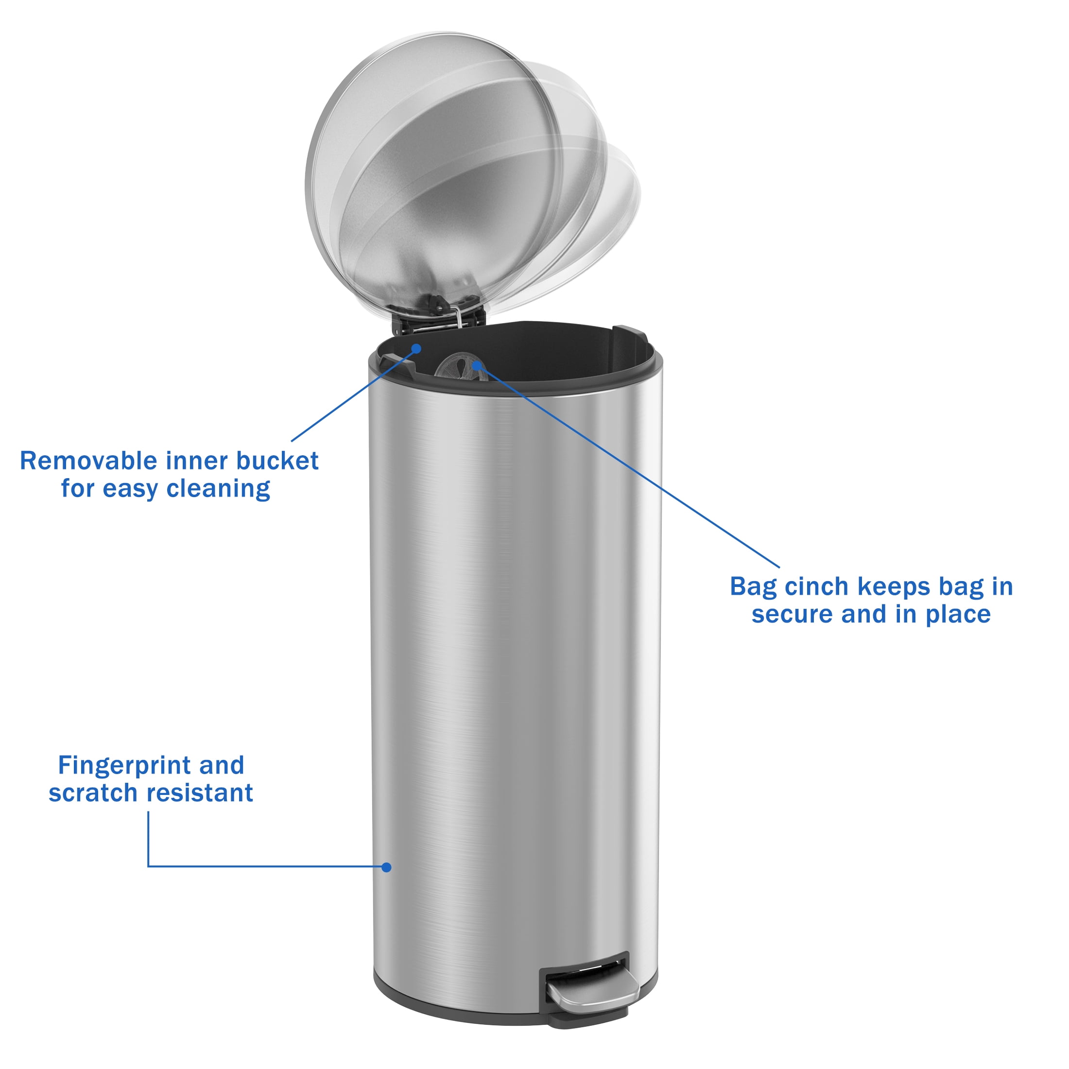 Better Homes & Gardens Kitchen Trash Can, 7.9 Gallon Stainless Steel Round Step Garbage Bin with Soft Close Lid, Silver